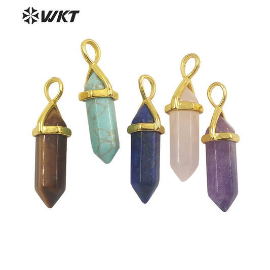 WT-P1864 Trendy Hot Spirit Quartz Double Point Bullet Pendant Gold Cap Natural Gemstone Hexagon Stone Jewelry Pendant