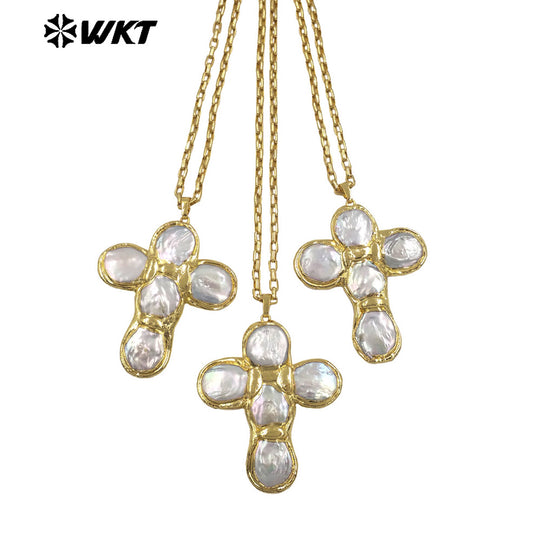 WT-JN349 Trendy 18K Gold Plated Tiny Square Chain Round Natural Freshwater Pearl Cross Pendant Necklace For Women Party Wearing