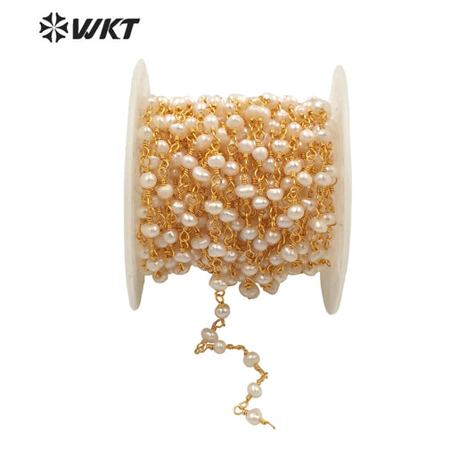 WT-RBC186 Amazing 18k Real Gold Plated Resist Tarnishable Natural Freshwater Pearl Beads Chain for Jewelry Design Pearl Chain