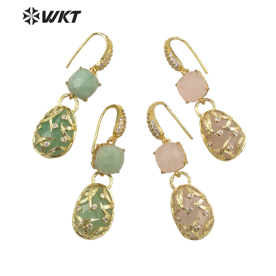 WT-E691 Fashion Double Stone Handmade Claw Setting Bezel Earrings Women Delicate Long Hoop Amethyst Stone Earrings