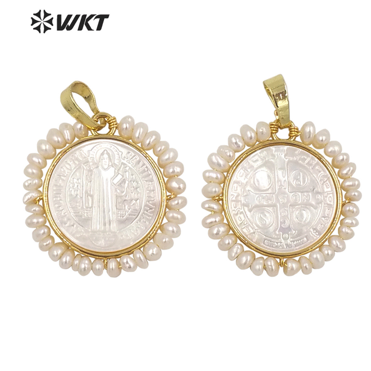 WT-JP257 Wholesale Handmade Wire Wrapped with Pearl Our Blessed Joseph of Cupertino Jewelry Pendant Gold Savior Cross Pendant