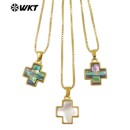 WT-JN283 Amazing Gold Plated Religious Natural Abalone Shell Cross Pendant Necklace for Women 10PCS