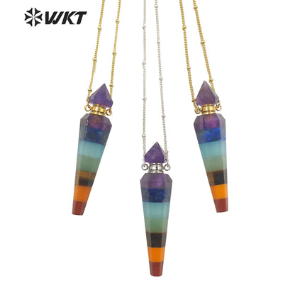 WT-N1406 Wholesale Fashion Energy Seven CHAKELA Natural Stone Essencial Oil Bottle Pendant Necklace with 18k Gold Stellite Chain
