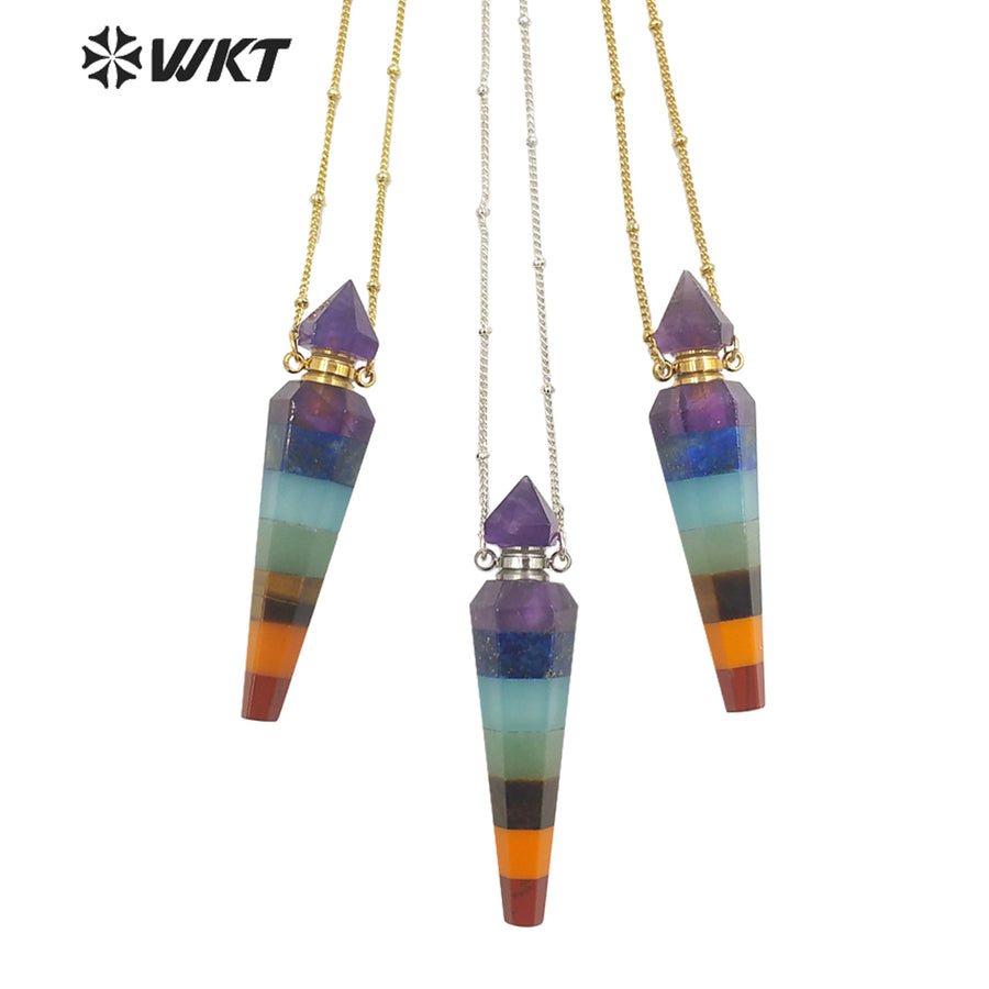 WT-N1406 Wholesale Fashion Energy Seven CHAKELA Natural Stone Essencial Oil Bottle Pendant Necklace with 18k Gold Stellite Chain
