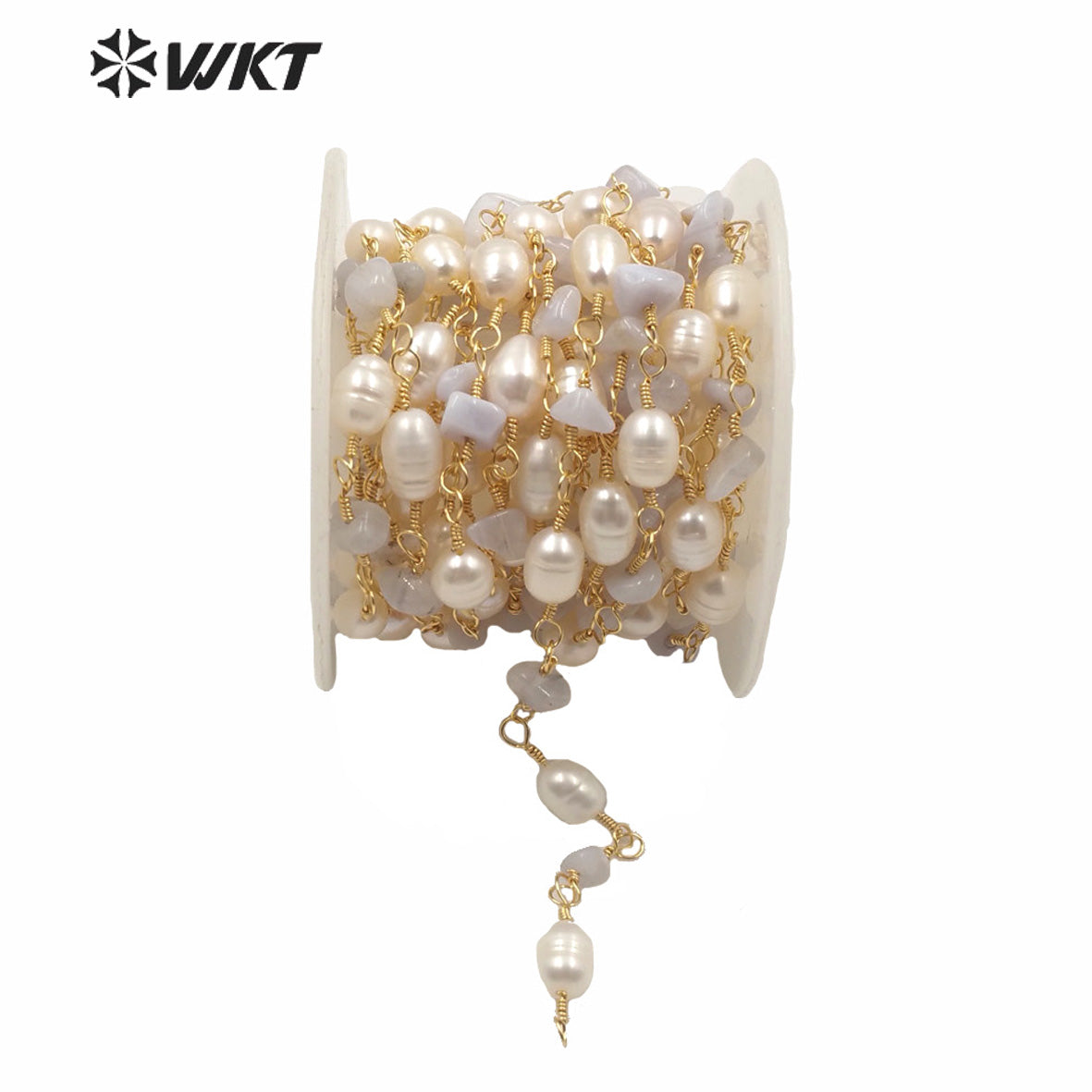 WT-RBC166 Fashion Gold Electroplated Non Tarnishable Pearl and Stone Mix Beads Rosary Chain Findings Lady Necklace Chain