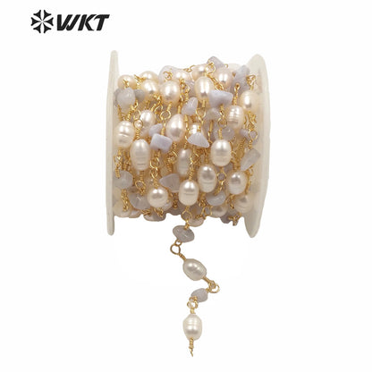 WT-RBC166 Fashion Gold Electroplated Non Tarnishable Pearl and Stone Mix Beads Rosary Chain Findings Lady Necklace Chain