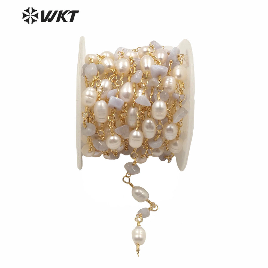 WT-RBC166 Fashion Gold Electroplated Non Tarnishable Pearl and Stone Mix Beads Rosary Chain Findings Lady Necklace Chain