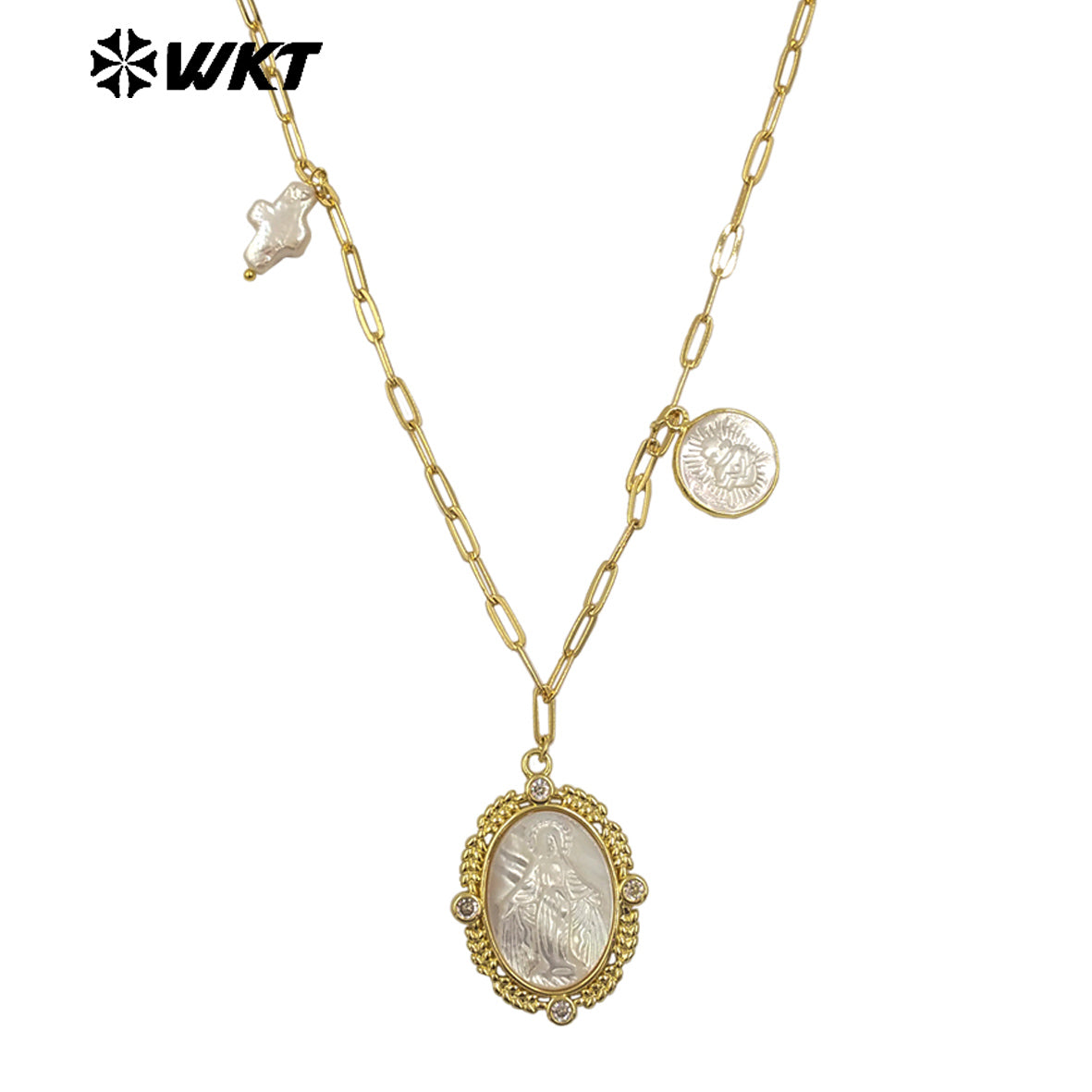 WT-JN322 Wholesale 18K Gold Electroplated Pearl Shell Pendant Necklace Hand Carved Virgin Mary Pattern Vintage Women Jewelry