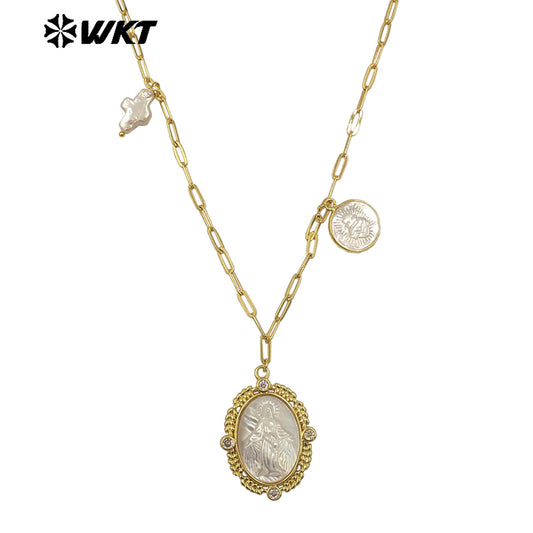WT-JN322 Wholesale 18K Gold Electroplated Pearl Shell Pendant Necklace Hand Carved Virgin Mary Pattern Vintage Women Jewelry