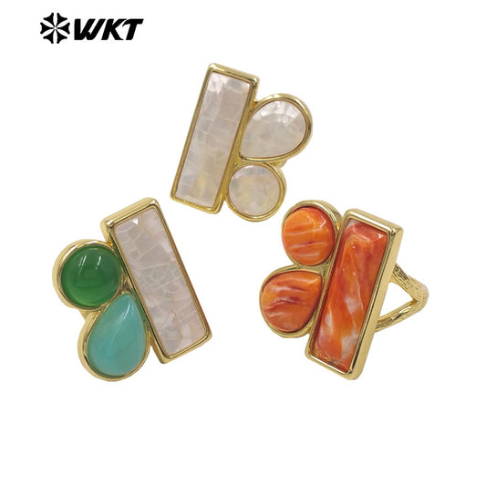 WT-MPR166 New Arrival Gold Plated Colorful Natural Stones And Shell Splicing Rings For Female Party Decorative Jewelry