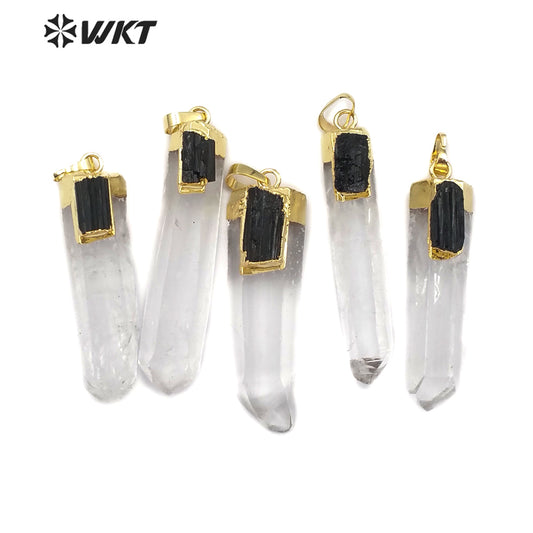 WT-P1447 Wholesale New Design Natural Stone in 18K Gold Plated Crystal Quartz with Black Tourmaline Charm Pendant