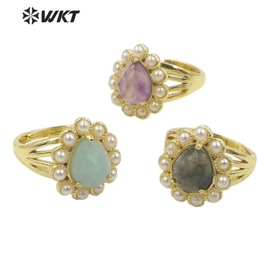 WT-MPR082 Amazing Delicate Fashion Gold Women 18K Plated Teardrop Open Adjustable Tiger Eye Stone Ring