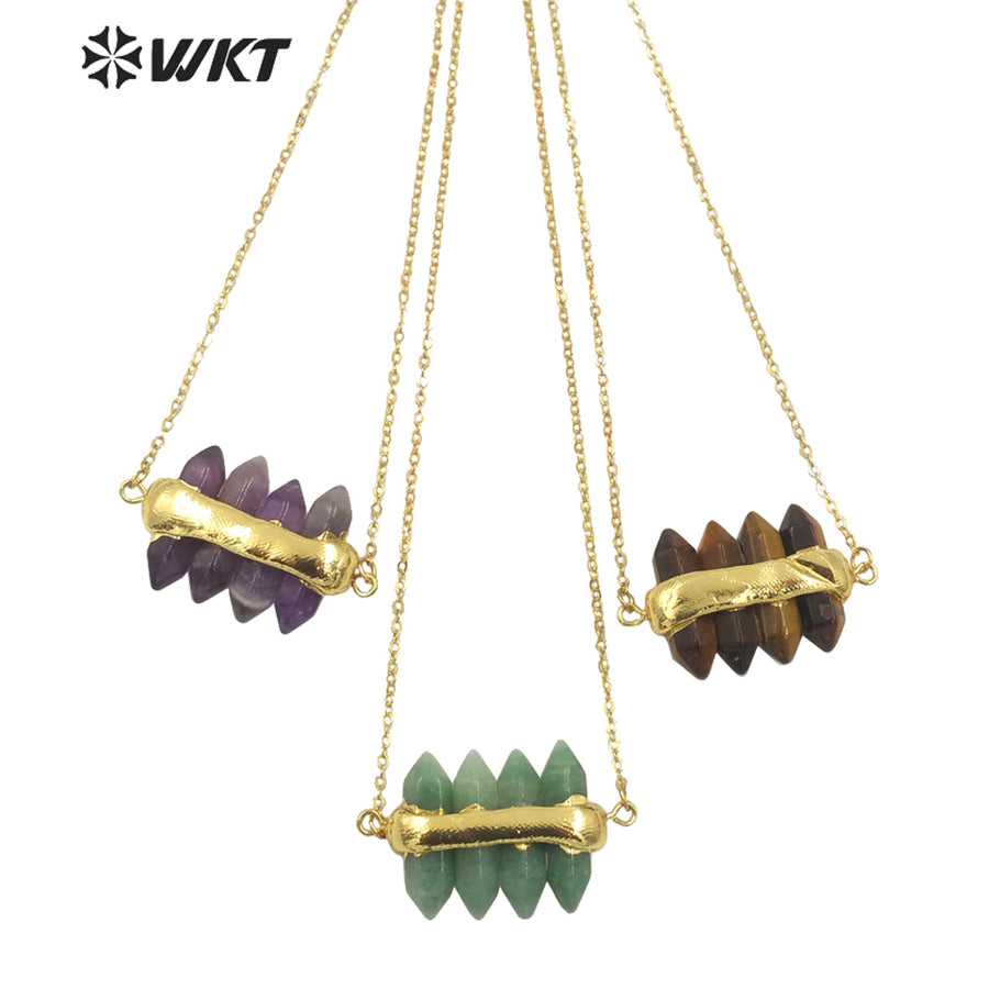 WT-N1460 WKT NEW Design Double Gemstone Point Rose Quartz Amethyst Energy Lucky Stone Necklace Many Colors Available