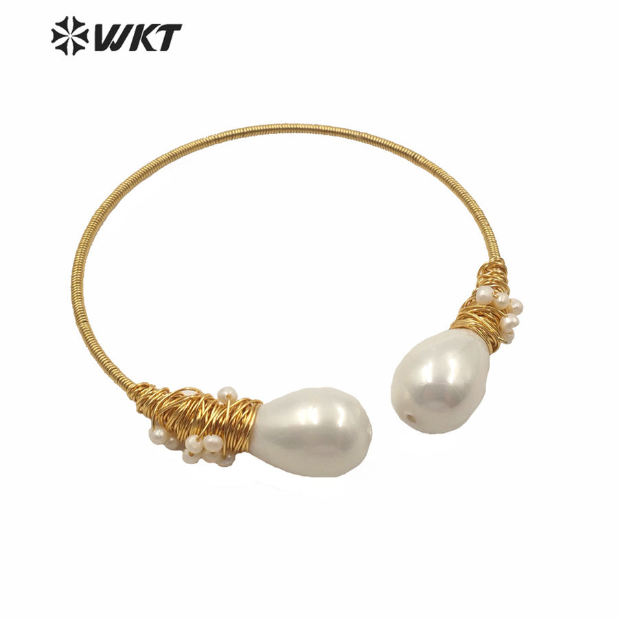 WT-MPB014 Amazing Double Pearl Bangle in Adjustable Size Women Fashion Gold Water Drop Shell Cuff Bangle With Charms Jewelry