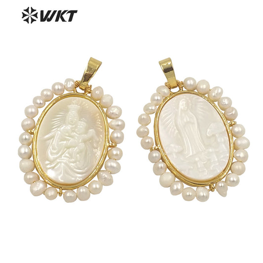 WT-JP264 WKT New Design Fashion Gold Bezel Religious Pearl Christian Pendant Oval Shape Virgin Mary Pendant for Necklace