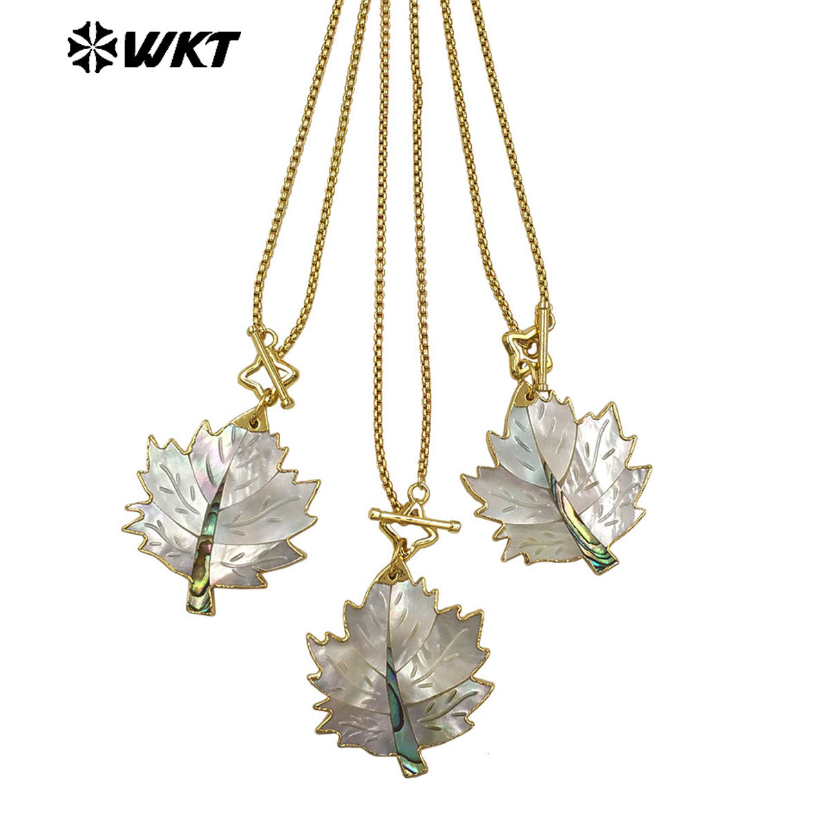 WT-JN354 Charming Exquisite Gold Plated Chain With Star Clasp And Natural Shell Maple Leaf Pendant Necklace As Anniversary Gift