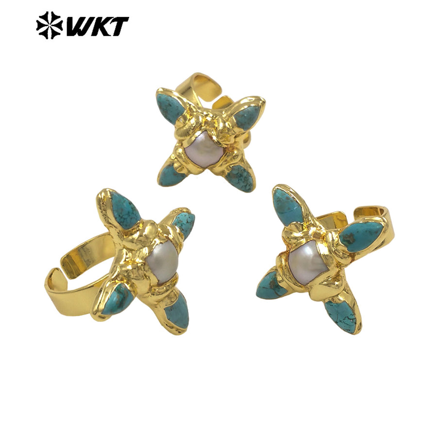 WT-MPR162 Exclusive Design Gold Plated Natural Turquoise And Pearl Cross Rings For Female Dance Party Wearing Accessory