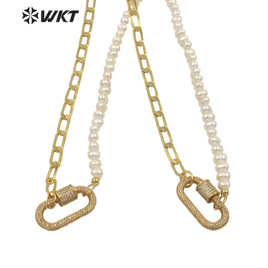 WT-MN975 Amazing Feature 18k Real Gold Plated Combine Chain Necklace Lady Elegant Freshwater Pearl Chain CZ Clasp Necklace