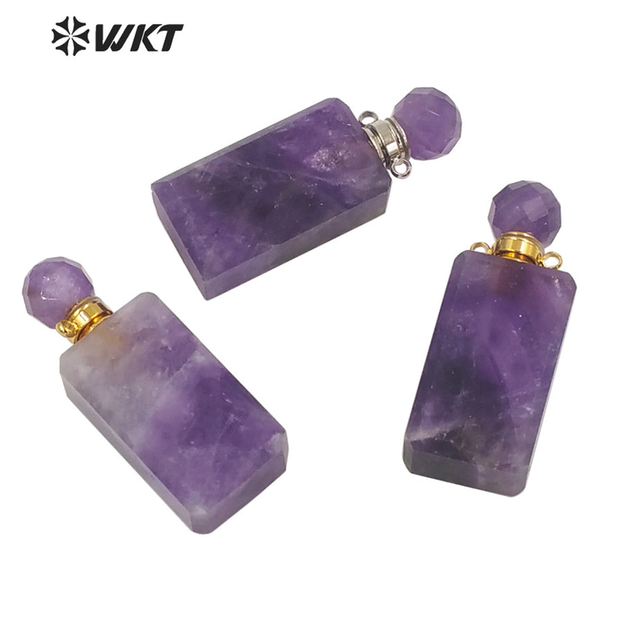 WT-P1633 WKT New Amazing Natural Amethyst Stone Perfume Bottle Pendant Loading Essential Oil Perfume Bottle Pendant