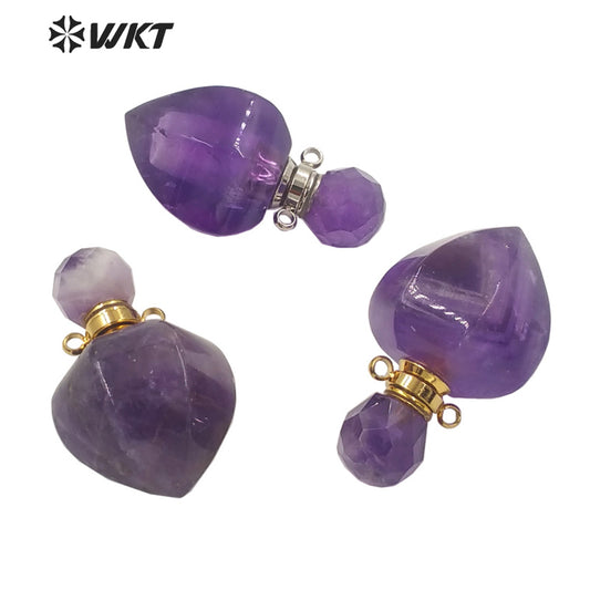 WT-P1635 WKT New Design Natural Stone Amethyst Perfume Bottle Drop Pendant Lady Jewelry Stone Perfume Bottle Pendant As Gift