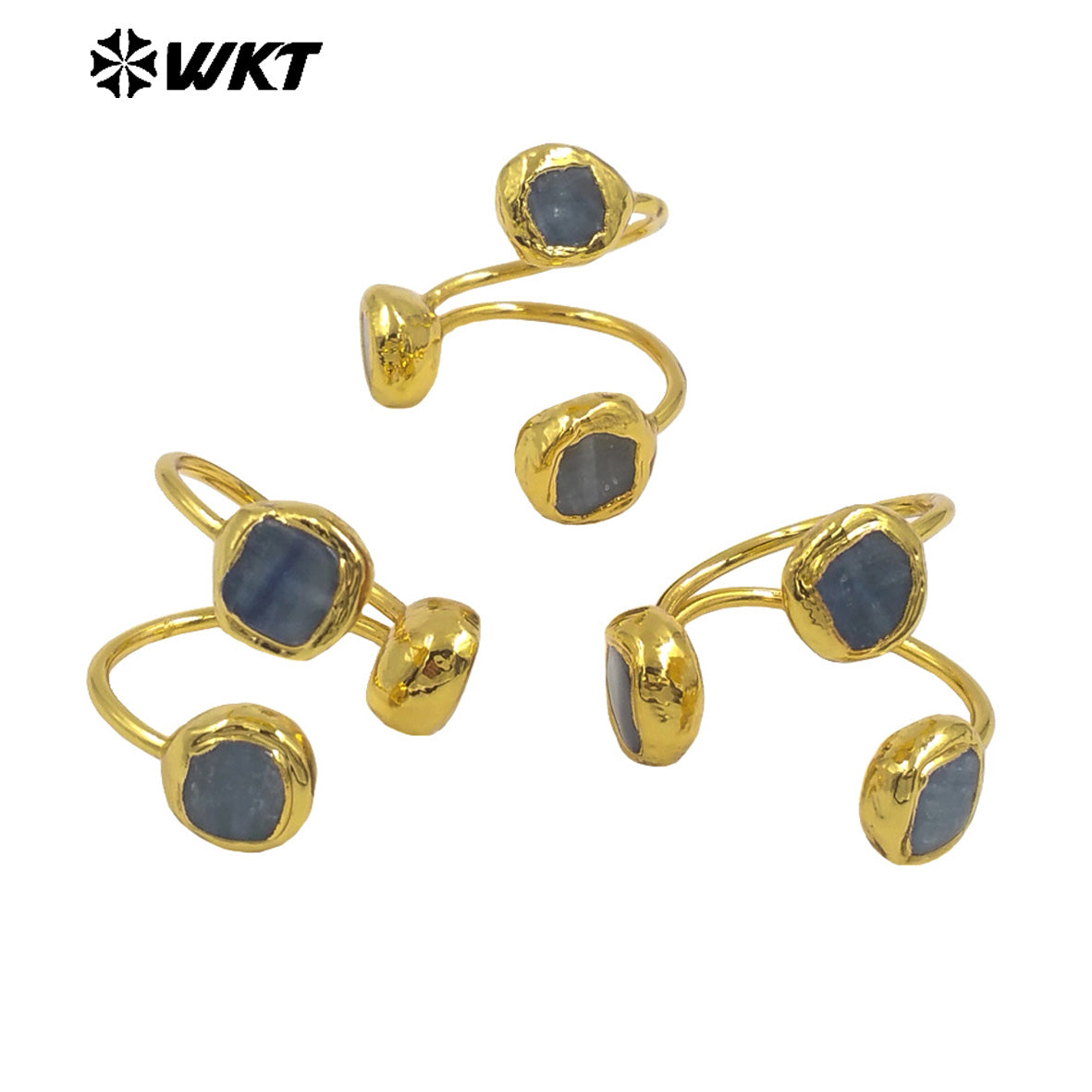 WT-R531 Wholesale Fashion 18K Gold Plated Resist Tarnishable Triple Blue Kyanite Stone Ring for Women Precious Energy Gift