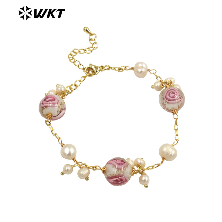 WT-MPB095 Fashionable Colour Glaze & Freshwater Pearl Trendy Rose Bead 18k Real Gold Adjustable Romantic Gift Woman Bracelet