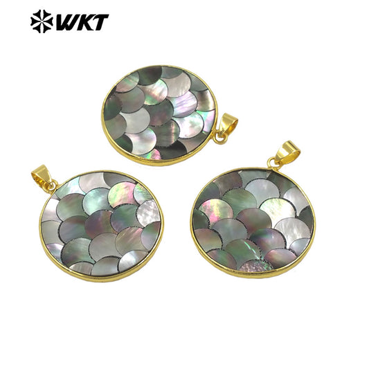 WT-JP405 High Quality Natural Grey Shell Pendant Flash Unique Design Gold Plated Round Shape for Handmade Charming Accessory