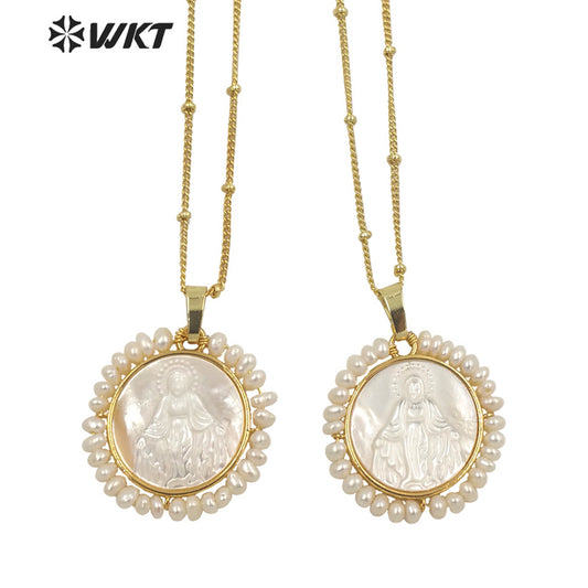 WT-JN154 Amazing Super Hot Handmade White Natural Religious Christian Virgin Mary Pendant with Tiny Pearl Around Charm Pendant
