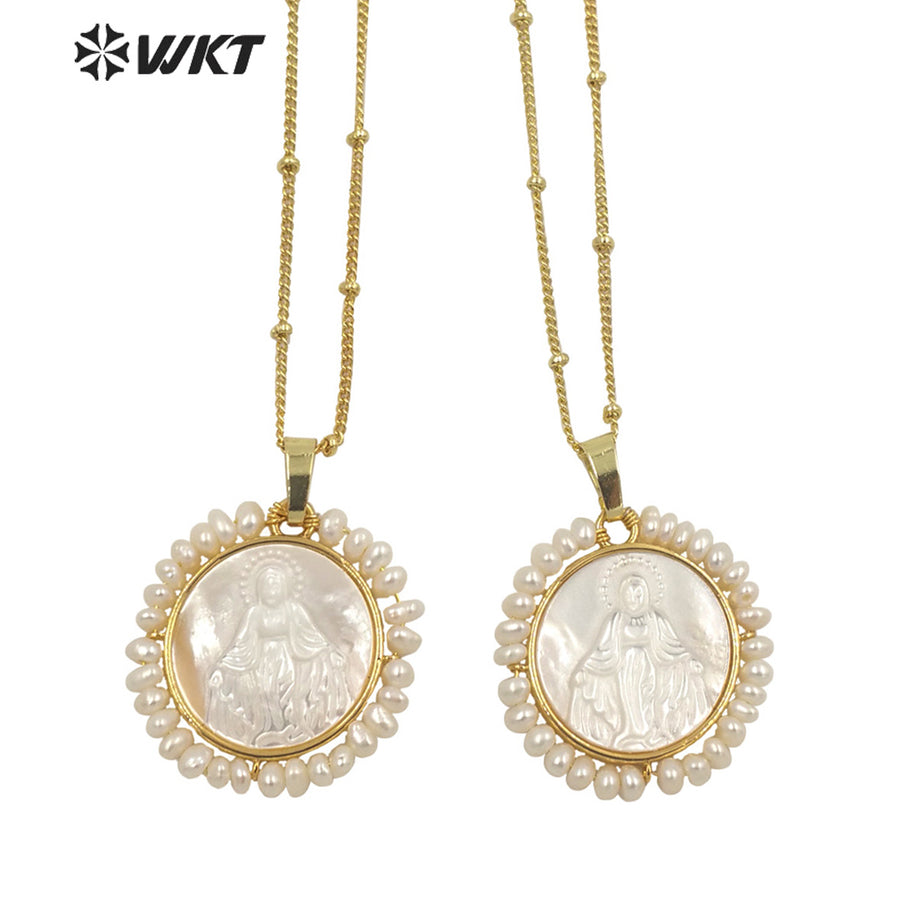 WT-JN154 Amazing Super Hot Handmade White Natural Religious Christian Virgin Mary Pendant with Tiny Pearl Around Charm Pendant