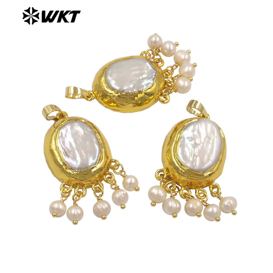 WT-JP435 Amazing Luxury Natural Freshwater Pearl With Dangling Tiny Beads Gold Plated Pendant For Women Elegant Jewelry Design