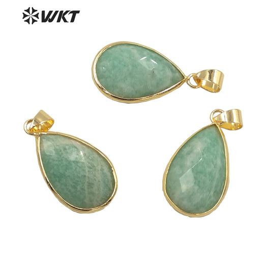 WT-P1640 Wholesale Gold Bezel Women Natural Amazonite Teardrop Pendants Charming Faceted Water Drop Stone Pendant