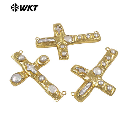WT-PC015 The New Listing Back Full Gold Plated Natural Freshwater Pearl Cross Connector For DIY Women Necklace Jewelry
