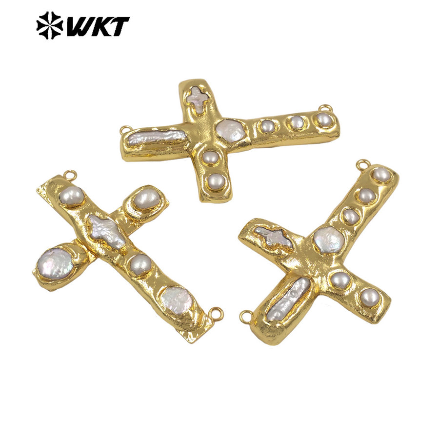 WT-PC015 The New Listing Back Full Gold Plated Natural Freshwater Pearl Cross Connector For DIY Women Necklace Jewelry