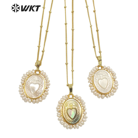 WT-JN155 Fashion 18K REAL Gold Plated Saint Mary Heart Shell Pendant Necklace WKT Hot Gold Bezel Shell Angel Heart Necklace