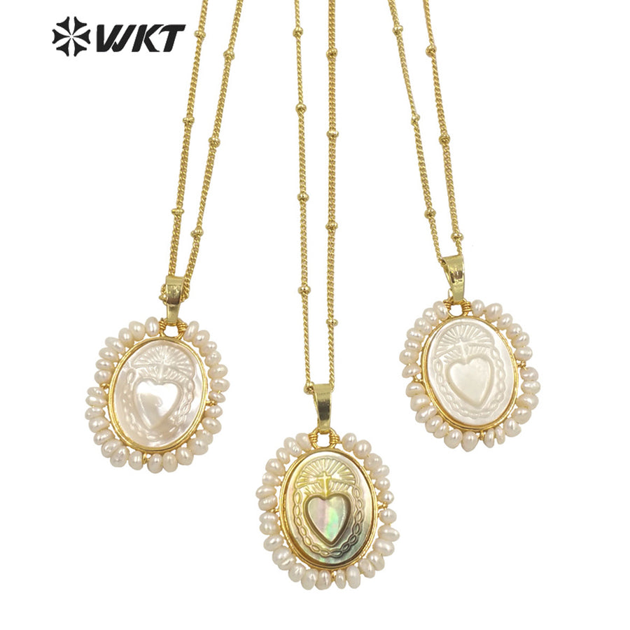 WT-JN155 Fashion 18K REAL Gold Plated Saint Mary Heart Shell Pendant Necklace WKT Hot Gold Bezel Shell Angel Heart Necklace