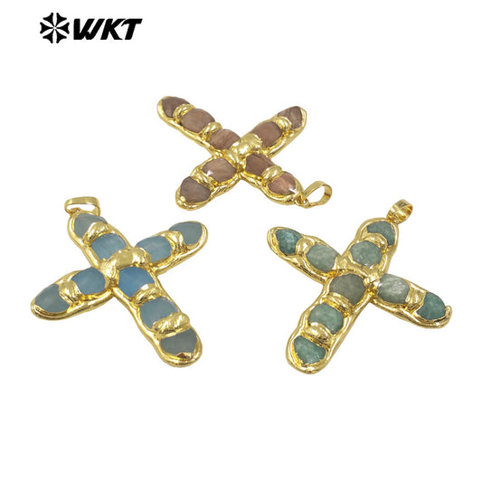 WT-P2005 Wholesale Beautiful Gemstone Religious Pendant Natural Rose Quartz With 18K Gold Plated Cross Shape for Necklace Making