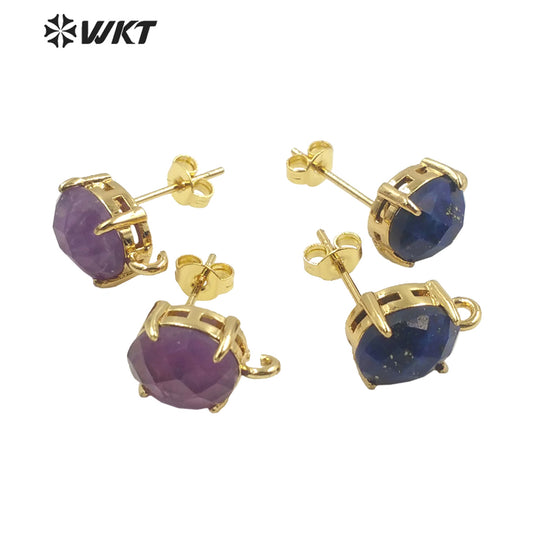 WT-E678 Women New Fashion Jewelry Findings Earrings Studs 18k Real Gold Plated Claw Setting Gemstone Studs with Hoop