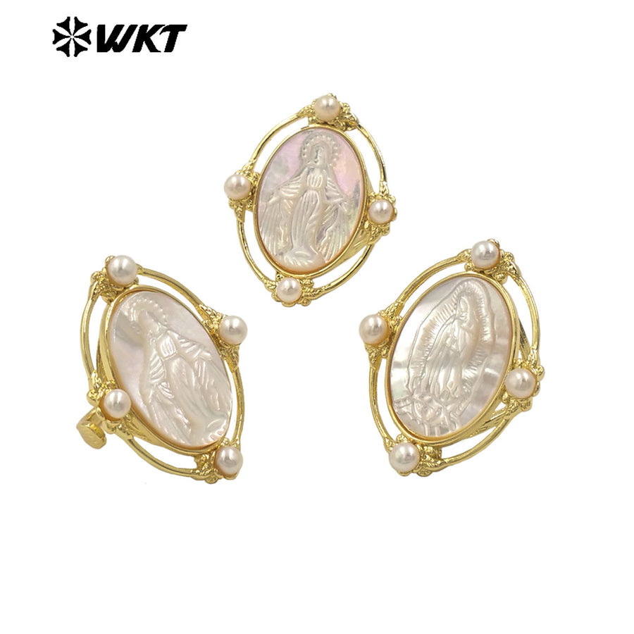 WT-MPR105 WKT Exclusive Newest 18K Real Gold Plated Oval Pearl Shell Virgin Mary Ring in Open Size Christian Jewelry