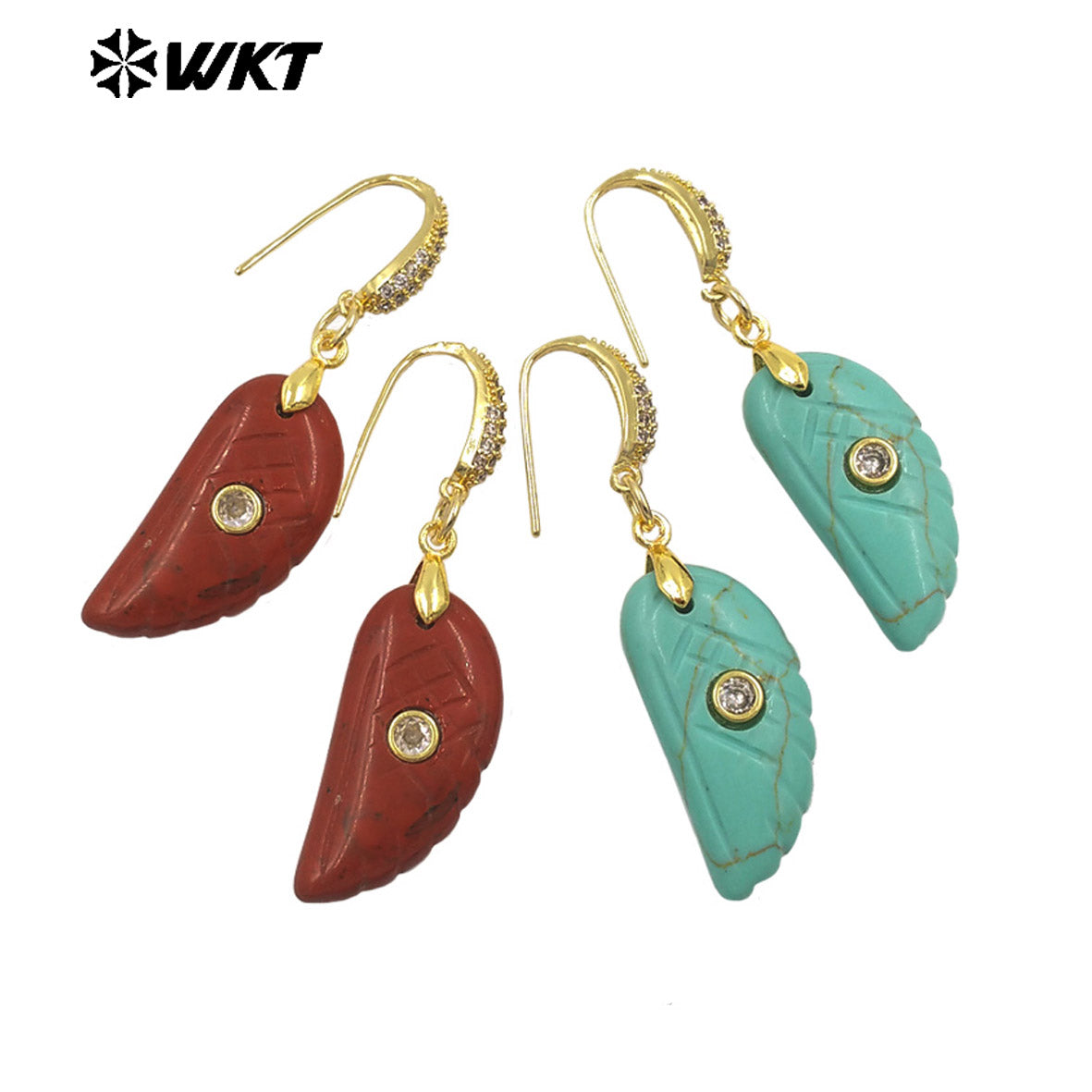 WT-E818 Wholesale Trendy Natural Gemstones Hand Carved Feather Shape Women Gold Earrings For Lady Dance Party Wearing Accessory