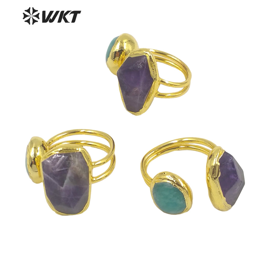 WT-R415 Charming Amethyst Amazonite Combination Ring Opening Adjustable Rings 18k Gold Plated Women Gifts Natural Stone Ring