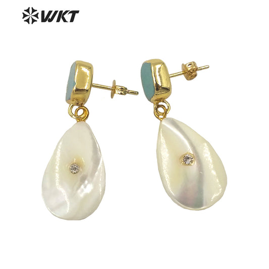 WT-MPE045 Factory Directly Sales Natural Stone Studs Earrings White Waterdrop Dangle Shell Earrings Charming Turquoise Earrings