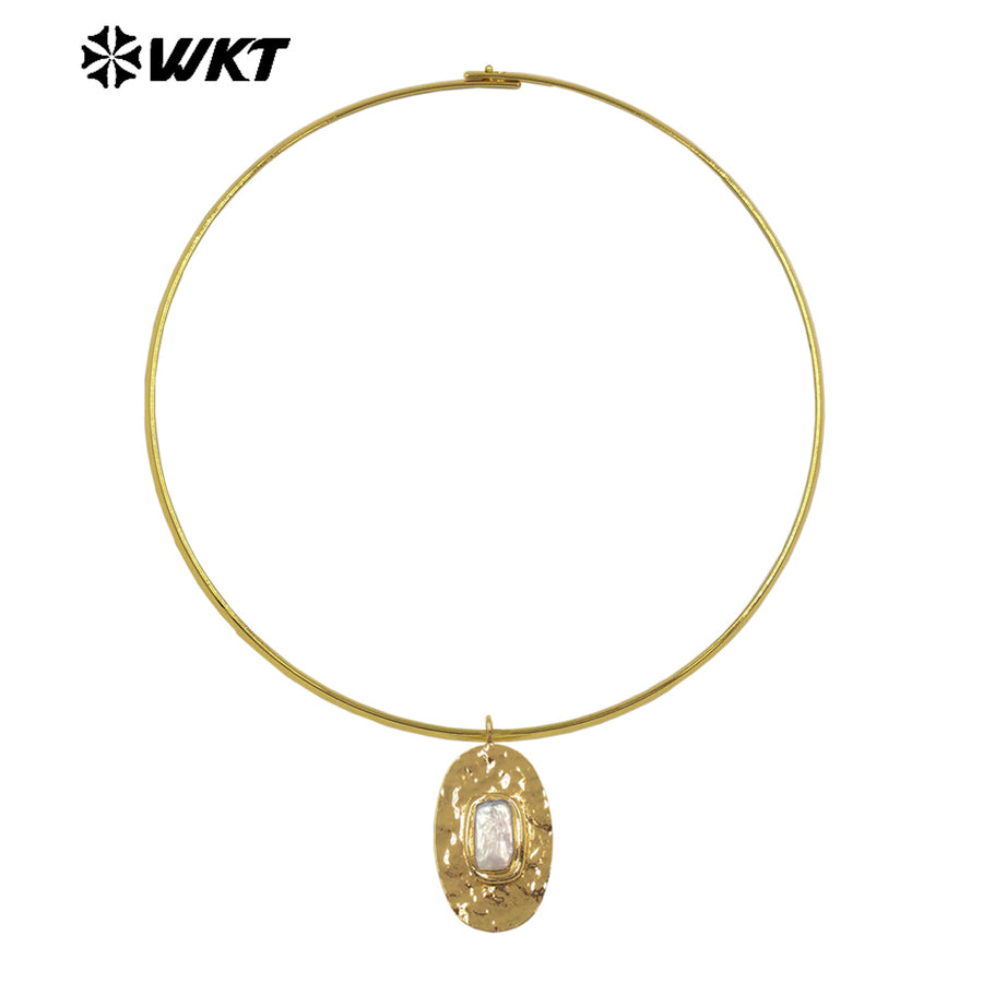 WT-JN394 Simple Vintage Style 18K Gold Plated Rectangle Round Natural Freshwater Pearl Pendant Necklace Choker As Lady Jewelry