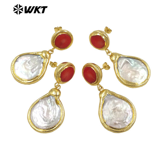 WT-MPE141 High Quality 18K Gold Plated Round Red Coral Water Drop Shaped Pearl Earring for Women As Daily Decorative Jewelry