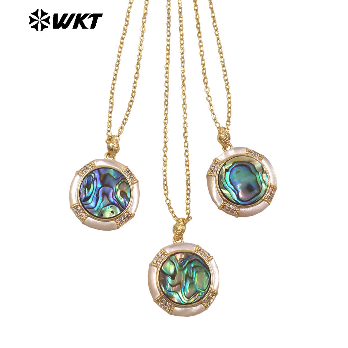 WT-JN358 Good Qualify 18K Gold Electroplated Natural Abalone Shell Round Pendant Necklace As Women Vintage Jewelry Gift