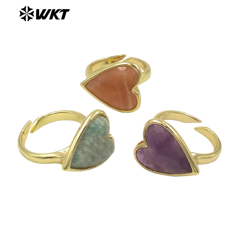 WT-R559 New Romantic 18K Gold Plated Heart Shape Natural Gemstone Adjustable Couple Ring for Girlfriend As Valentine's Day Gift