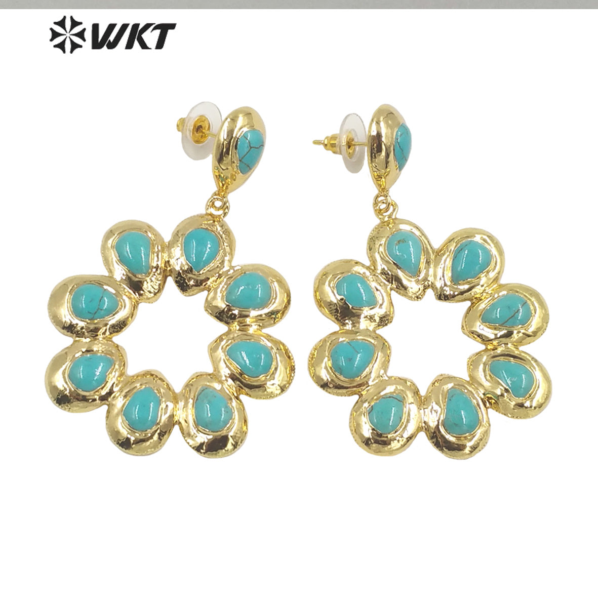 WT-E468 Wholesale Romantic Natural Stone Top Fashion Lady Elegant Jewelry Flower Shape Agate and Turquoise Drop Earrings