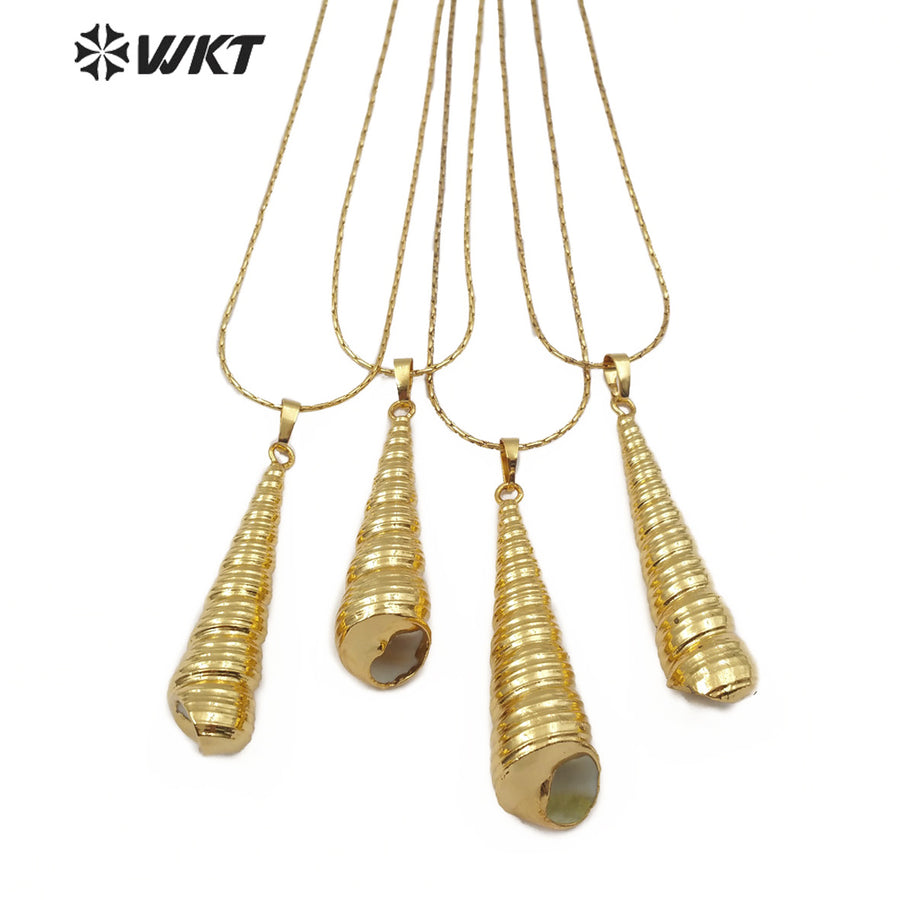 WT-JN073 Fashion Sea Shell Jewelry for Women Shell Pendant Full Gold Dipped Long Conch Pendant Trumpet Shell Necklace