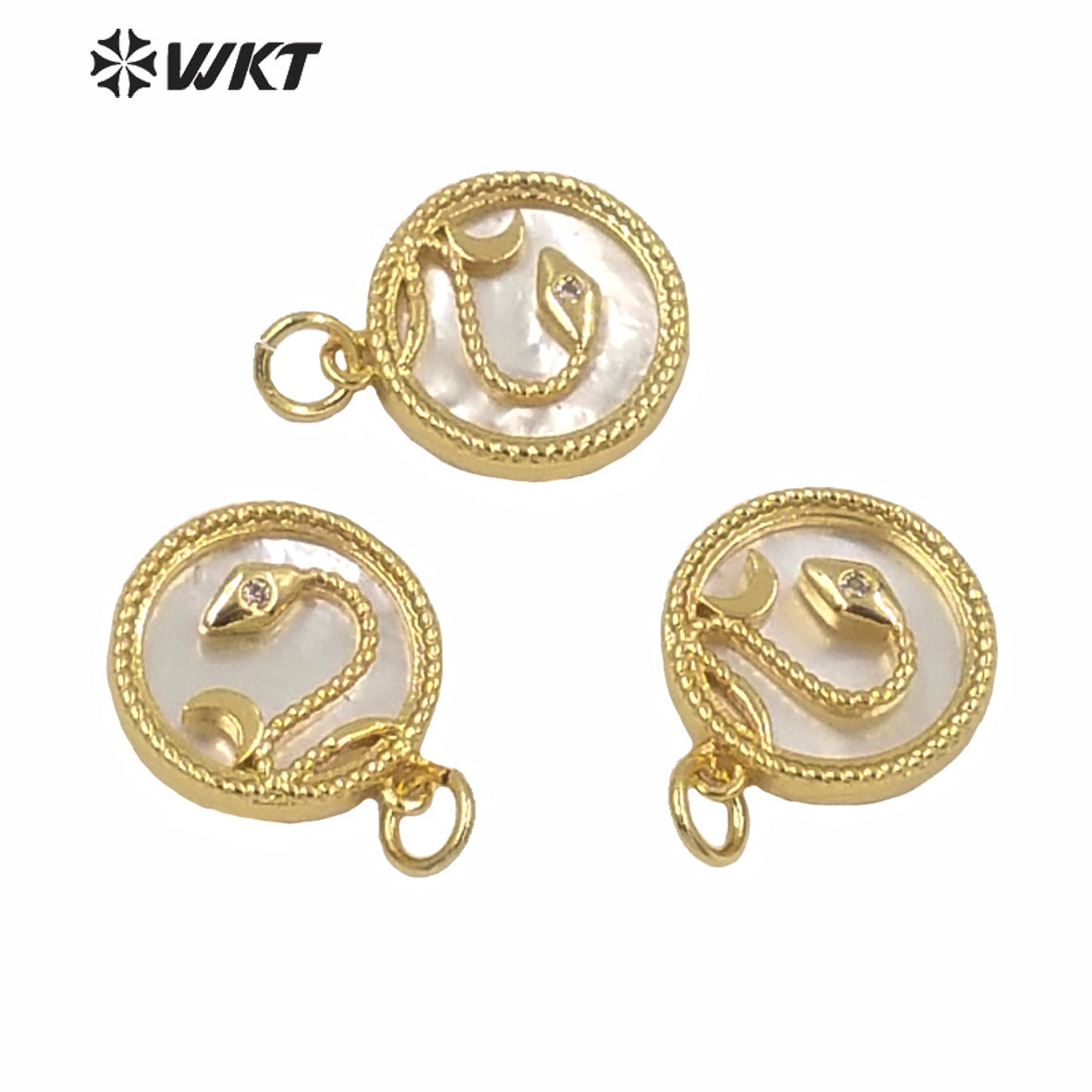 WT-MP178 WKT New White Mother of Pearl Gold Bezel Shell Pendant Lady Fashion Micro Pave Snake Cz Pendants in 15mm