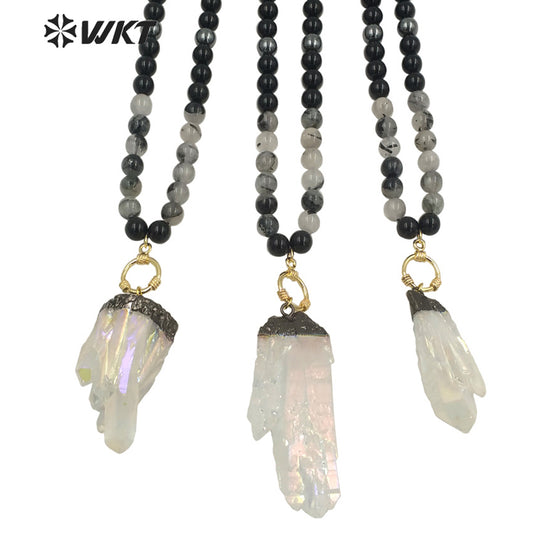 WT-N1279 Wholesale Black Gun Electroplated Aura Crystal Quartz Beads Necklace Amazing Spirit Quartz Stone Necklace