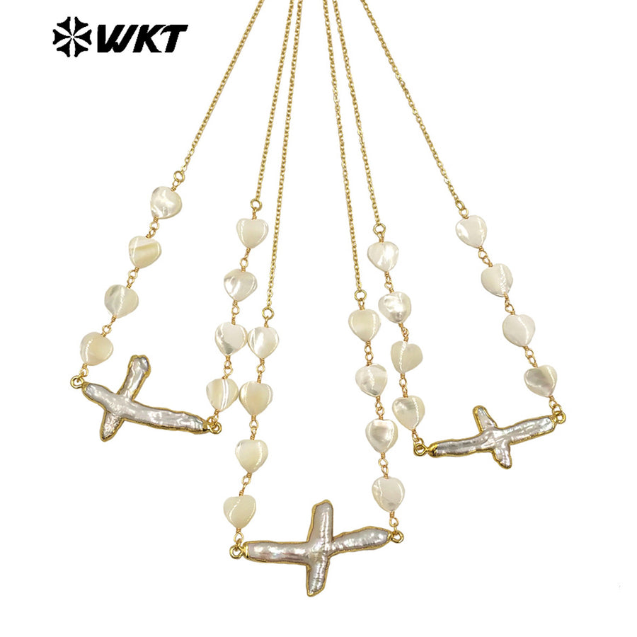 WT-JN301 Wholesale Private Label Religious 18K Gold Plated Love Beads Cross Pendant Women Necklace As Birthday Gift Jewelry
